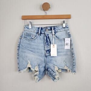 Good American Bombshell High Rise Distressed Denim Shorts Blue 00/24 NWT Fringe